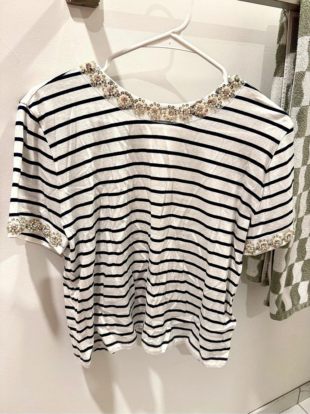 J.Crew Striped Embellished Neck Top in White & Blue Size XS